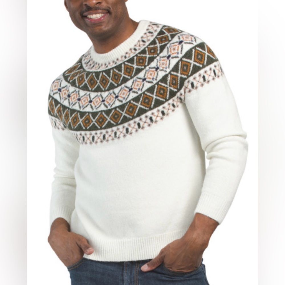 GROVE & HOLLOW Fair Isle Ivory Green Tan Navy Orange Crew Wool Blend Sweater